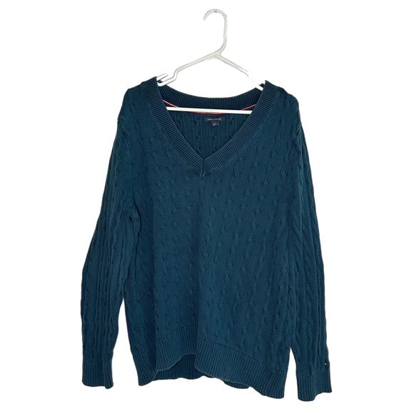 Tommy Hilfiger Blue V-neck Cable Knit Sweater, XXL, Pre-owned - Picture 3 of 7